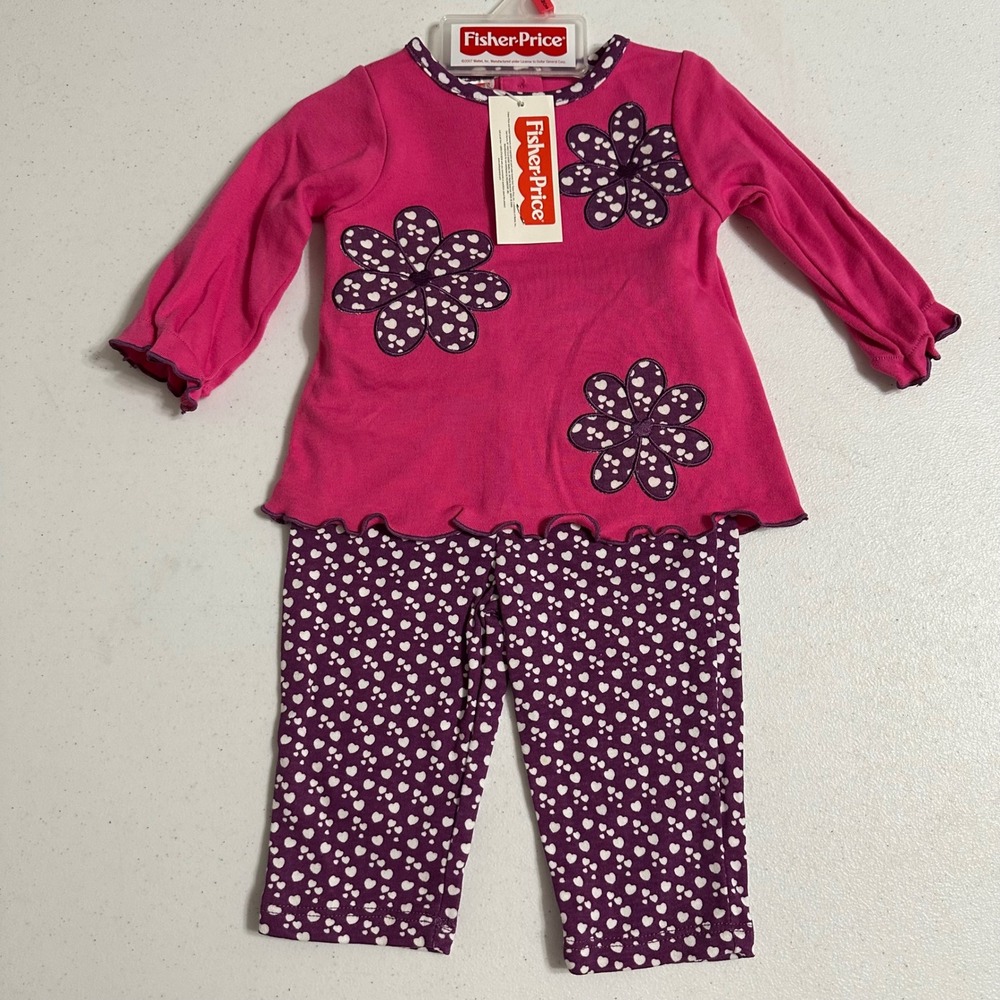 Fisher-Price Floral Heart Tunic & Leggings Set Pink Purple Vintage NWT 3-6M